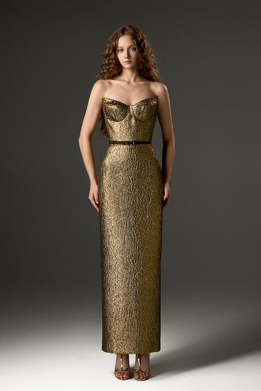 Gold Metallic-Lacquer Jacquard Bustier Midi Column Dress with Lotus-Petal Shaped Detailing - IHF STUDIO
