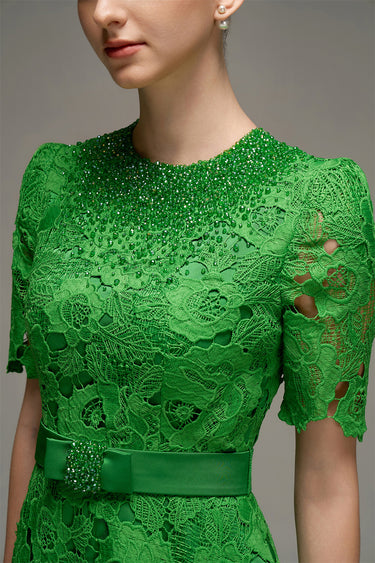 Green crochet lace A-line gown with short sleeves and crystal detailing at neckline and waist - IHF STUDIO
