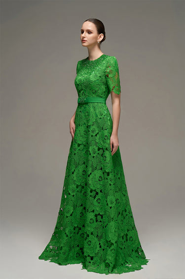 Green crochet lace A-line gown with short sleeves and crystal detailing at neckline and waist - IHF STUDIO