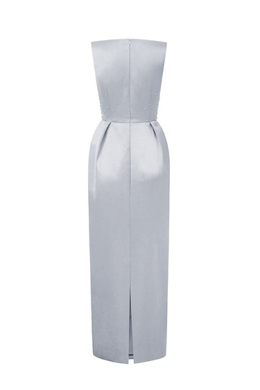 Grey Silk Taffeta Midi Column Dress With Square Neck And Mini Bow Detail - IHF STUDIO