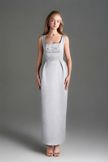 Grey Silk Taffeta Midi Column Dress With Square Neck And Mini Bow Detail - IHF STUDIO