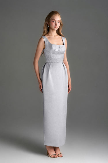 Grey Silk Taffeta Midi Column Dress With Square Neck And Mini Bow Detail - IHF STUDIO