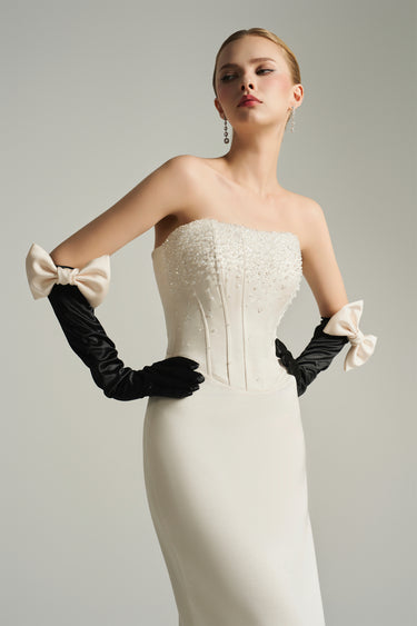 Ivory silk taffeta corset maxi dress with a column silhouette and hand-applied crystal detailing - IHF STUDIO