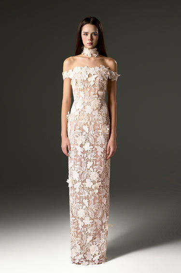 Ivory Floral Garden Lace Bustier Column Dress With Off-Shoulder Details - IHF STUDIO