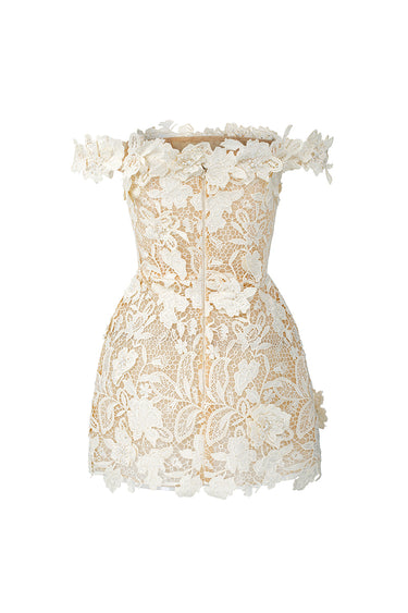 Ivory Floral Garden Lace Bustier Mini Column Dress With Off-Shoulder Details - IHF STUDIO