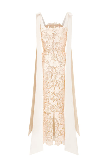 Ivory Floral Garden Lace Column Dress with Bow Straps - IHF STUDIO