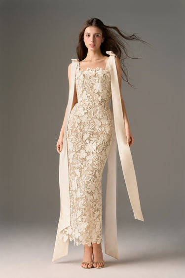 Ivory Floral Garden Lace Column Dress with Bow Straps - IHF STUDIO
