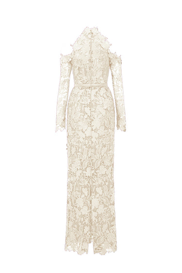 Ivory Floral Garden Lace Dress With Halter Neck And Long Sleeves - IHF STUDIO