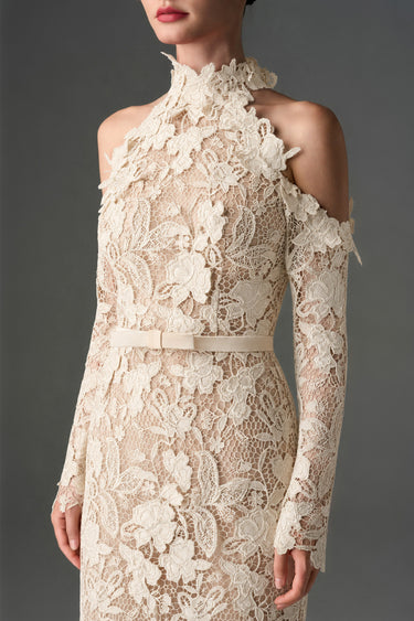 Ivory Floral Garden Lace Dress With Halter Neck And Long Sleeves - IHF STUDIO