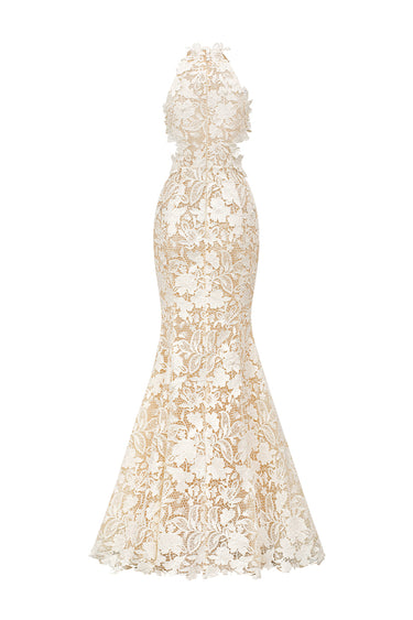 Ivory Floral Garden Lace Halter Mermaid Maxi Dress with Waist Cut-Out - IHF STUDIO