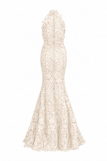 Ivory Floral Garden Lace halter mermaid maxi dress with hand-cut floral motifs, pearl and crystal clusters.