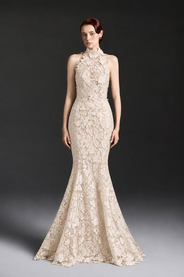 Ivory Floral Garden Lace halter mermaid maxi dress with hand-cut floral motifs, pearl and crystal clusters.