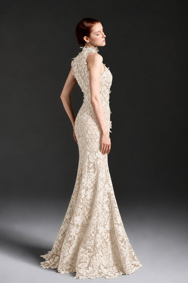 Ivory Floral Garden Lace halter mermaid maxi dress with hand-cut floral motifs, pearl and crystal clusters.