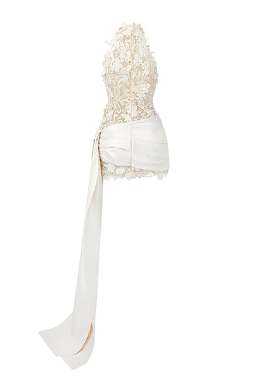 Ivory Floral Garden Lace Halter Mini-Column Dress With Asymmetric Draped Detail - IHF STUDIO