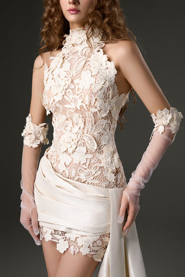 Ivory Floral Garden Lace Halter Mini-Column Dress With Asymmetric Draped Detail - IHF STUDIO