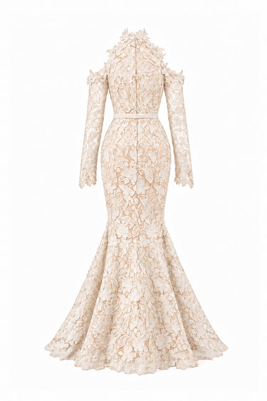 Ivory Floral Garden Lace mermaid dress with halter neck and long sleeves - IHF STUDIO