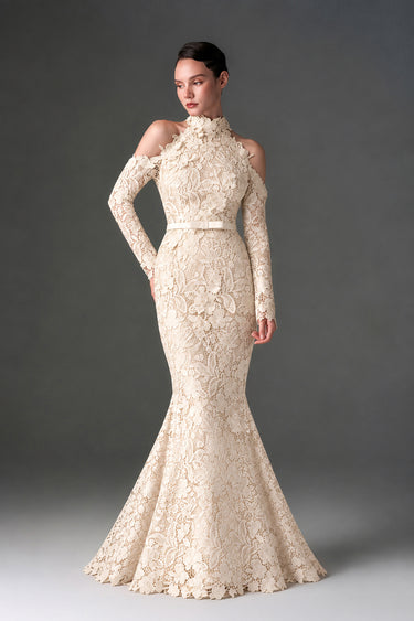 Ivory Floral Garden Lace mermaid dress with halter neck and long sleeves - IHF STUDIO