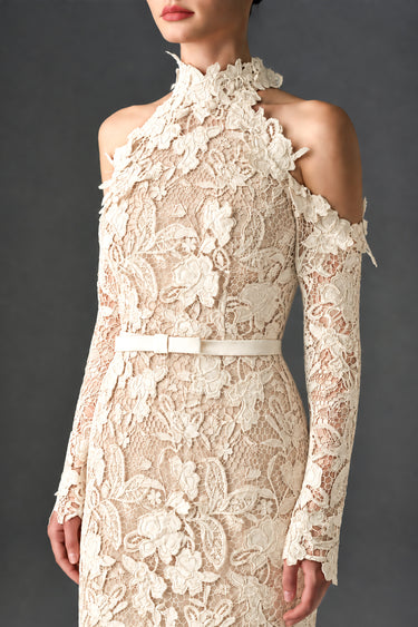 Ivory Floral Garden Lace mermaid dress with halter neck and long sleeves - IHF STUDIO