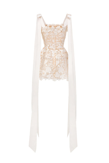 Ivory Floral Garden Lace Mini Dress with Bow Straps - IHF STUDIO