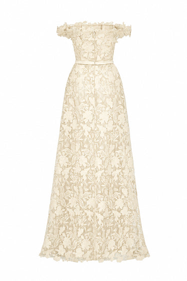 Ivory Floral Garden Lace Off-Shoulder A-Line Dress With Silk Waist Belt - IHF STUDIO