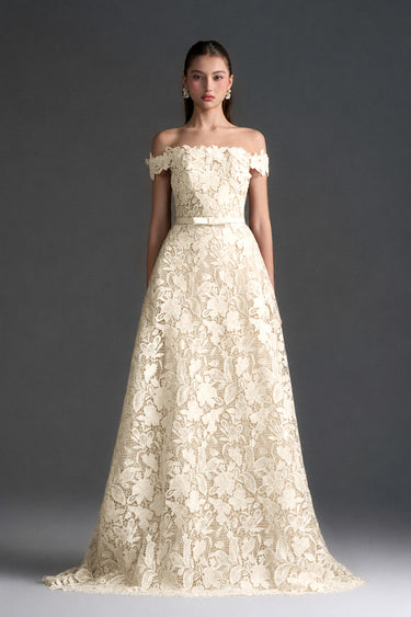 Ivory Floral Garden Lace Off-Shoulder A-Line Dress With Silk Waist Belt - IHF STUDIO