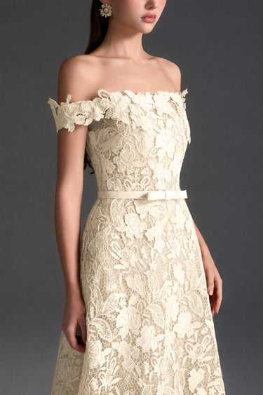 Ivory Floral Garden Lace Off-Shoulder A-Line Dress With Silk Waist Belt - IHF STUDIO