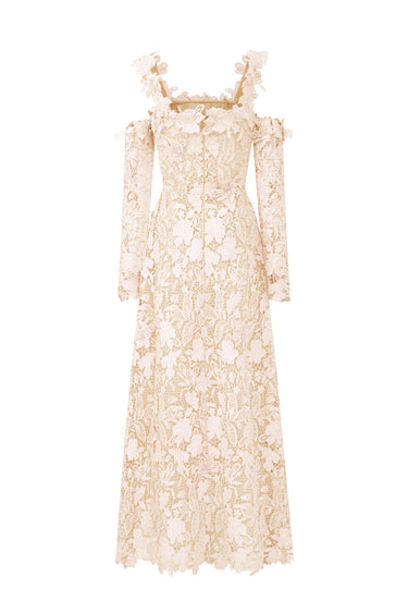 Ivory Floral Garden Lace Off-Shoulder A-Line Maxi Dress - IHF STUDIO