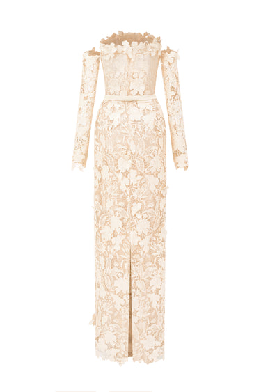Ivory Floral Garden Lace Off-Shoulder Dress with Long Sleeves - IHF STUDIO