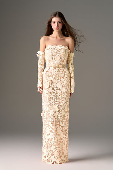 Ivory Floral Garden Lace Off-Shoulder Dress with Long Sleeves - IHF STUDIO
