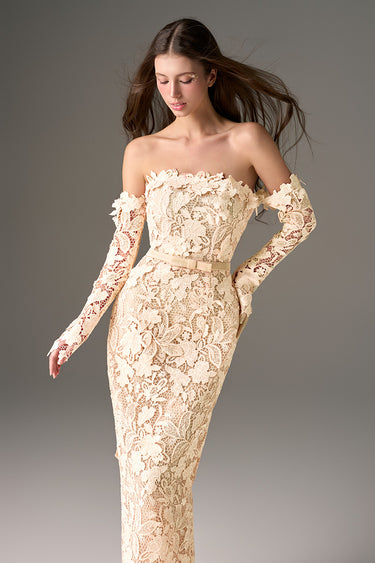 Ivory Floral Garden Lace Off-Shoulder Dress with Long Sleeves - IHF STUDIO