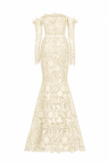 Ivory Floral Garden Lace Off-Shoulder Mermaid Dress With Silk Waist Belt - IHF STUDIO