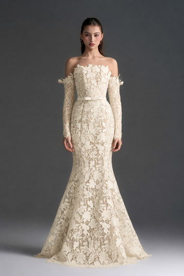 Ivory Floral Garden Lace Off-Shoulder Mermaid Dress With Silk Waist Belt - IHF STUDIO
