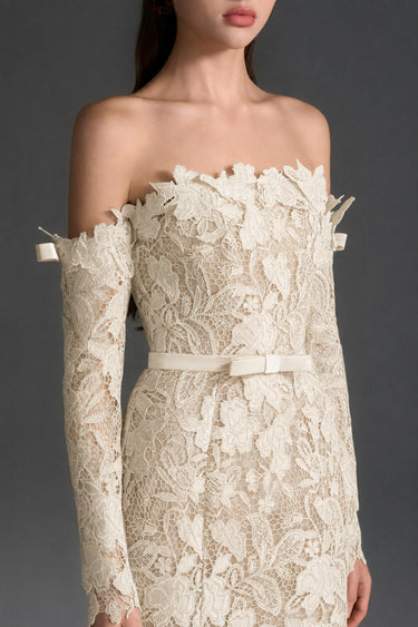 Ivory Floral Garden Lace Off-Shoulder Mermaid Dress With Silk Waist Belt - IHF STUDIO