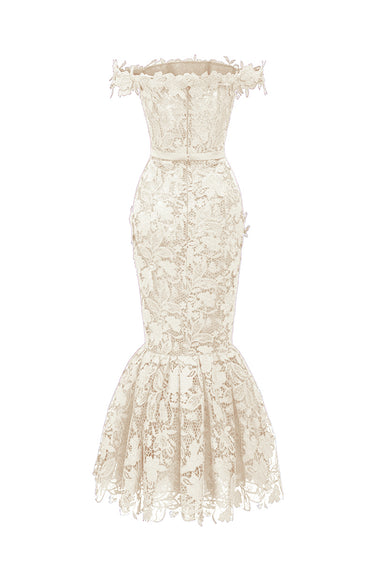Ivory Floral Garden Lace Off-Shoulder Midi-Mermaid Dress - IHF STUDIO