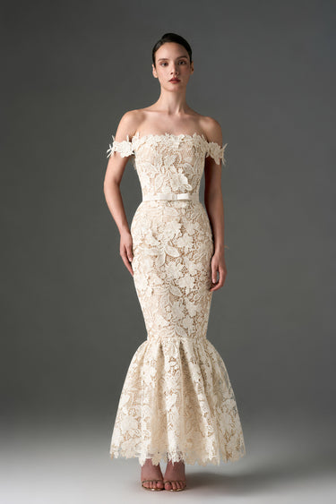 Ivory Floral Garden Lace Off-Shoulder Midi-Mermaid Dress - IHF STUDIO