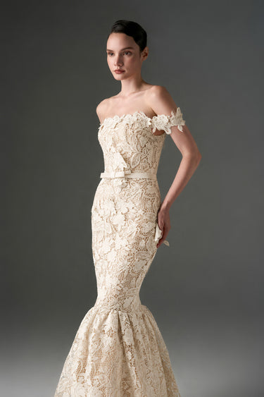 Ivory Floral Garden Lace Off-Shoulder Midi-Mermaid Dress - IHF STUDIO