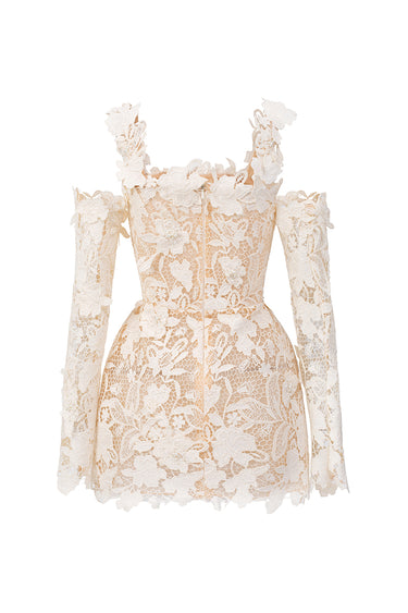 Ivory Floral Garden Lace Off-Shoulder Mini Dress with Long Sleeves - IHF STUDIO
