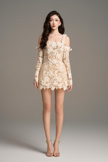 Ivory Floral Garden Lace Off-Shoulder Mini Dress with Long Sleeves - IHF STUDIO