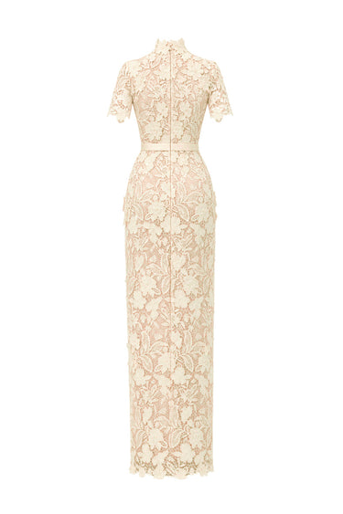 Ivory Floral Garden Lace Short-Sleeve Column Dress - IHF STUDIO