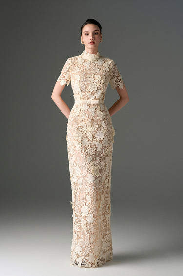 Ivory Floral Garden Lace Short-Sleeve Column Dress - IHF STUDIO