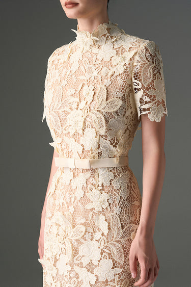 Ivory Floral Garden Lace Short-Sleeve Column Dress - IHF STUDIO