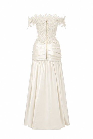 Ivory Floral Vine Lace Off-Shoulder A-line Dress With Draped Details Taffeta - IHF STUDIO