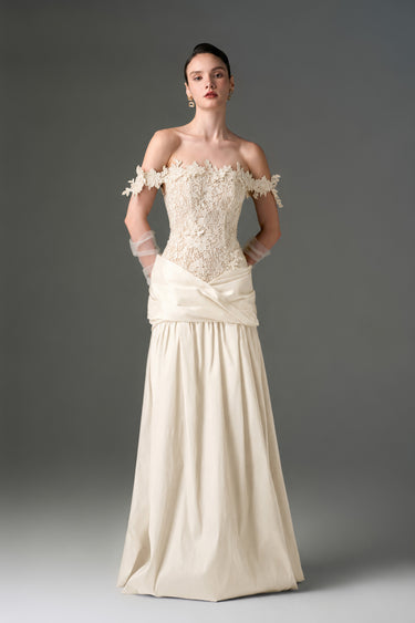 Ivory Floral Vine Lace Off-Shoulder A-line Dress With Draped Details Taffeta - IHF STUDIO