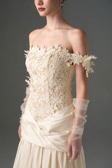 Ivory Floral Vine Lace Off-Shoulder A-line Dress With Draped Details Taffeta - IHF STUDIO