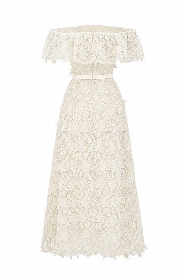 Ivory Floral Vine Lace Off-Shoulder Midi A-line Dress - IHF STUDIO