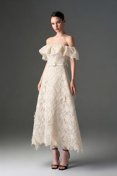 Ivory Floral Vine Lace Off-Shoulder Midi A-line Dress - IHF STUDIO