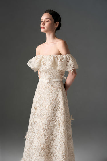 Ivory Floral Vine Lace Off-Shoulder Midi A-line Dress - IHF STUDIO