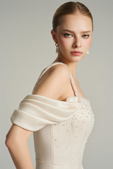 Ivory silk taffeta corset mini dress with ruffled off-shoulder sleeves and crystal embellishment - IHF STUDIO