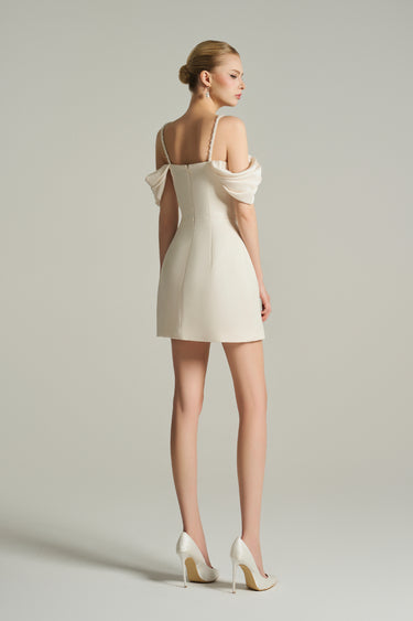 Ivory silk taffeta corset mini dress with ruffled off-shoulder sleeves and crystal embellishment - IHF STUDIO