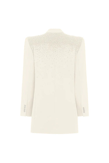 Ivory Oversized Blazer With Black Crystal-Embellished Pocket Flap - IHF STUDIO